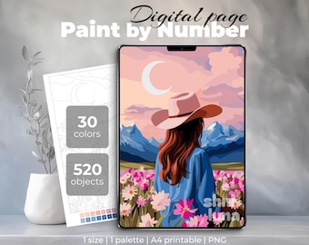 Cowgirl in Wildflower Field Paint by Number | Digital Mountain Sunset Coloring Page | Western Aesthetic Art for Adults | Printable PNG
