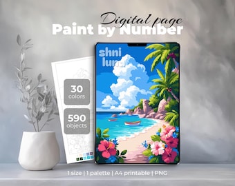 Tropical Shore Paint by Number | Tropical Beach Digital Coloring Page | Paradise Island Printable Art