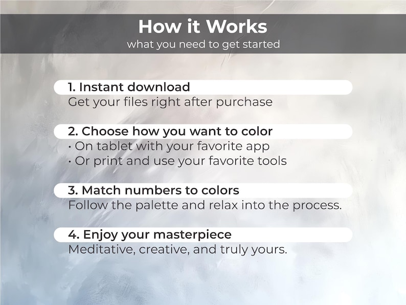 May include: An informational graphic with the title "How it Works" and instructions for a digital coloring activity. Steps include instant download, choosing a coloring method, matching numbers to colors, and enjoying the finished artwork.