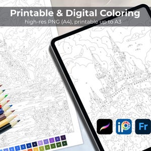 May include: An image featuring a digital coloring page on a tablet and a printed version with colored pencils. The text reads "Printable & Digital Coloring" and "high-res PNG (A4), printable up to A3". The coloring pages depict a castle scene.