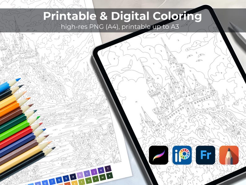 May include: An image featuring a digital coloring page on a tablet and a printed version with colored pencils. The text reads "Printable & Digital Coloring" and "high-res PNG (A4), printable up to A3". The coloring pages depict a castle scene.