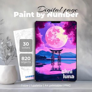 Könnte beinhalten: Digitales Malen-nach-Zahlen-Kunstwerk mit einer Landschaft mit einem großen rosa Mond, einem japanischen Torii-Tor und dem Text "shni luna". Enthält ein Papier mit 30 Farben und 820 Objekten.