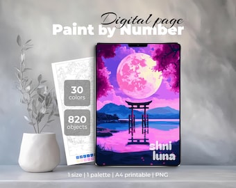 Torii Gate Paint by Number | Digital Coloring Page for iPad & Procreate | Pink Moon Japanese Landscape