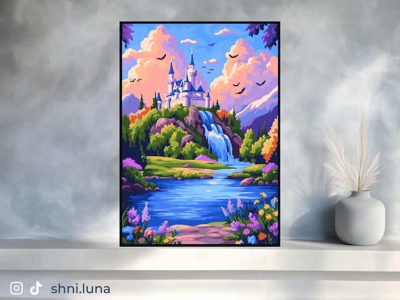 May include: A framed art print of a fantasy landscape. A white castle with blue accents sits atop a green hill with a waterfall. The scene includes a blue lake, colorful flowers, and birds flying in a pastel sky.