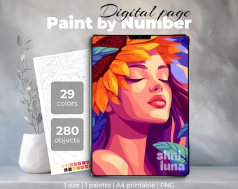 Woman Portrait Paint by Number | Digital Coloring Page for Adults | Color Sunflower Girl in Procreate | Relaxing Art Therapy