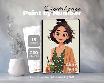 Matcha Girl Dipingi con i numeri / Accogliente colorazione digitale (Procreate) / Pagina stampabile