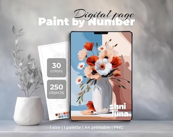 Paint by number for adult, Digital color by number, Printable coloring sheet, Flowers in vase, Coloring page, Mindfulness spring coloring