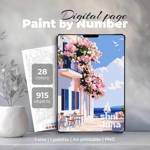 大人向けの数字塗り絵、デジタル数字塗り絵、印刷可能な塗り絵、海の家、旅行風景、詳細な塗り絵