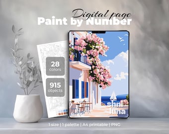 Paint by number for adult, Digital color by number, Printable coloring page, Sea House, Travel landscape, Detailed coloring sheet