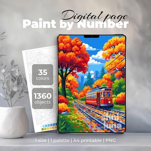 May include: A digital paint by number page featuring a red tram traveling on tracks through a vibrant autumn forest with orange and yellow trees. The image includes text stating 35 colors and 1360 objects, with a white plant pot nearby.