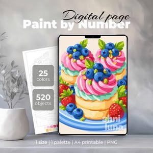 May include: A digital paint by number page featuring three cupcakes topped with pink frosting, blueberries, and strawberries on a blue plate. The graphic includes text stating 25 colors, 520 objects, 1 size, 1 palette, A4 printable, and PNG.