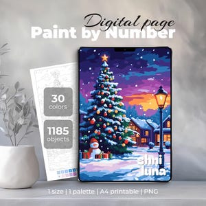 Verschneite Nacht Malen nach Zahlen | Digitale Malseite für iPad & Procreate | Gemütlicher Winter Weihnachten druckbares Blatt