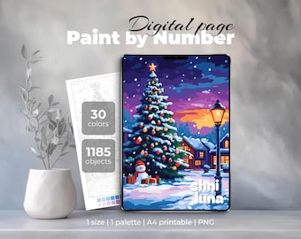Snowy Evening Paint by Number | Digital Coloring Page for iPad & Procreate | Cozy Winter Christmas Printable Sheet