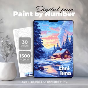 Peinture pour chalet d'hiver au numéro | Imprimable Forêt enneigée | Coloriage numérique iPad et procréer