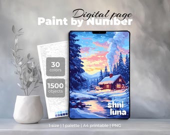 Wintercabine schilderen op nummer | Afdrukbaar vel besneeuwd bos | Digitale kleurplaat iPad & Procreate