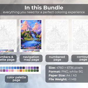 May include: A coloring bundle with everything needed for a perfect coloring experience. Includes a numbers & palette page, navigation map page, color palette page, numbered page, and contour page. The image also includes the size, format, paper size, and file weight.