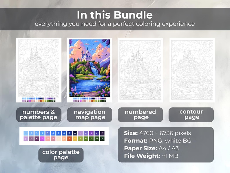 May include: A coloring bundle with everything needed for a perfect coloring experience. Includes a numbers & palette page, navigation map page, color palette page, numbered page, and contour page. The image also includes the size, format, paper size, and file weight.