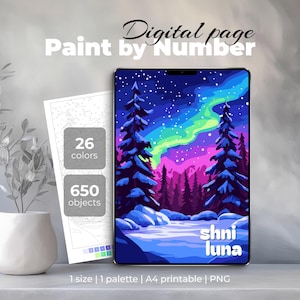 オーロラの塗り絵（数字で描く）｜iPadとProcreateで遊べるデジタルぬり絵｜心地よい冬の風景画（印刷可能）