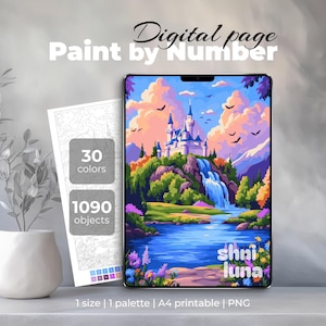 Puede incluir: Imagen digital de pintar por números en una tableta, con una escena de castillo colorido con una cascada y un lago. También se ve una hoja de pintar por números impresa y un jarrón blanco con una planta. Incluye el texto "Digital page Paint by Number".