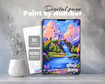 Sprookjeskasteel schilderen op nummer | Digitale kleurplaat fantasielandschap | Afdrukbare kunst Magisch kasteel