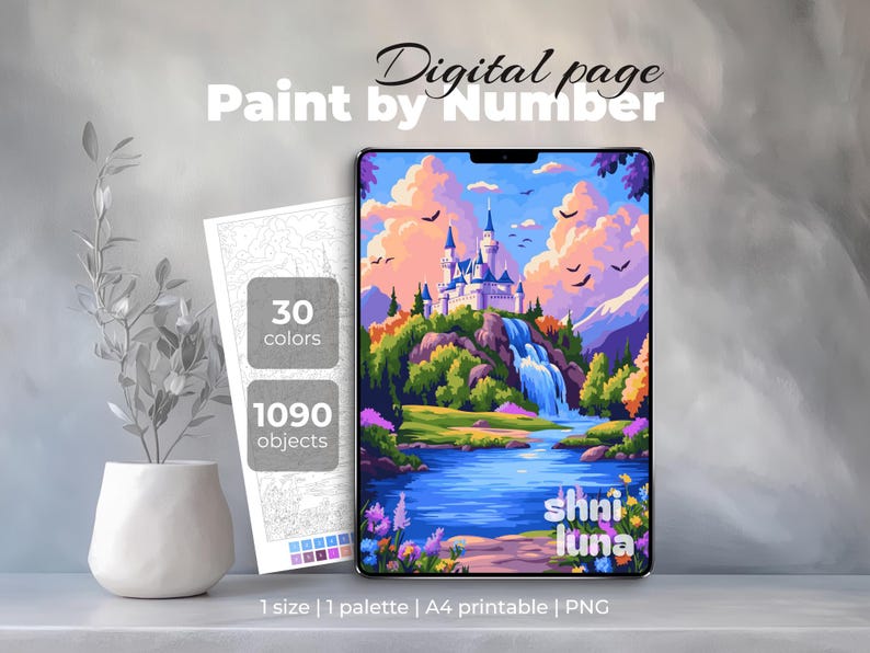 May include: Digital paint-by-number image on a tablet, featuring a colorful castle scene with a waterfall and lake. A printed paint-by-number sheet and a white vase with a plant are also visible. The image includes the text "Digital page Paint by Number".