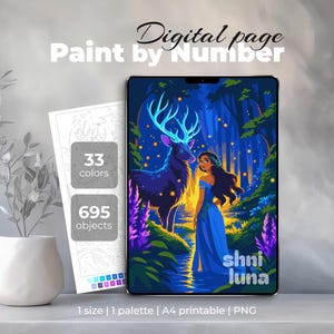 Peut inclure: Une page de peinture par numéros numérique montrant une personne en robe bleue dans une forêt avec un cerf bleu lumineux. Le texte indique 33 couleurs, 695 objets, 1 taille, 1 palette, A4 imprimable, PNG et la mention shni luna.
