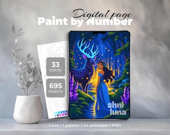 Pintura por números del Bosque Mágico / Página para colorear de fantasía de ciervos encantados / Arte digital para iPad e imprimible