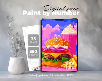 Cheeseburger da colorare con i numeri – Arte da stampare a tema fast food – Pagina da colorare digitale per iPad e Procreate