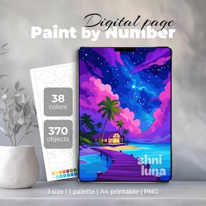 Puede incluir: Una página digital de pintura por números que muestra una escena de playa tropical con un muelle de madera, una casa pequeña, palmeras y un cielo nocturno vibrante con nubes rosas y estrellas. El texto indica 38 colores, 370 objetos y shni luna.