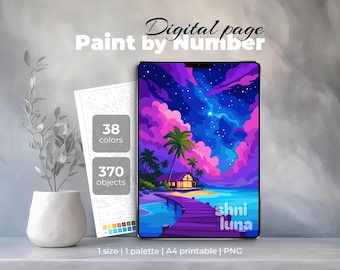 Starlit Lagoon Paint by Number | Tropical Beach Night Digital Coloring Page | Dreamy Island Printable Art