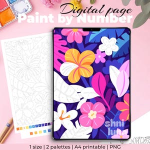 Tropic Flowers Digital Coloring Page for Adults and Kids, Printable Paint by Number, Art Therapy Coloring Sheets, Detailed Color by Number