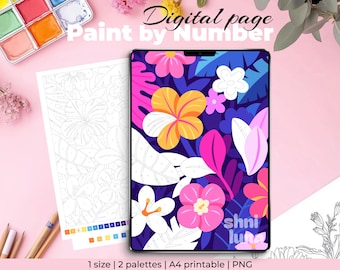 Tropic Flowers Digital Coloring Page for Adults and Kids, Printable Paint by Number, Art Therapy Coloring Sheets, Detailed Color by Number