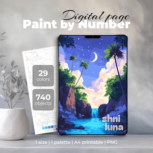 Digital Paint by Number for Adults | Printable Color by Number| Tropical Night Waterfall | Procreate Page for iPad | Detailed Coloring Sheet