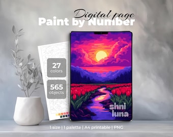 Tulip Twilight Paint by Number | Sunset Landscape Digital Coloring Page | Dreamy Field Printable Art