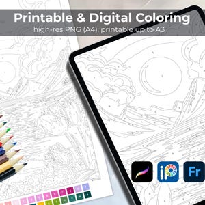 May include: A digital coloring page with a landscape scene, shown on a tablet and a printed sheet. The image includes colored pencils and the text "Printable & Digital Coloring". The image is a high-res PNG file, printable up to A3 size.