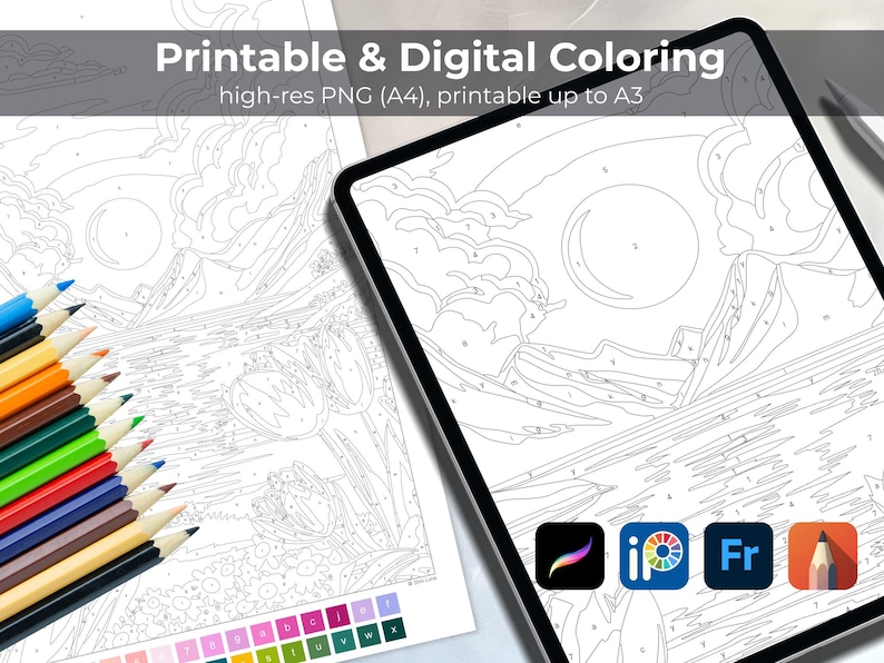 May include: A digital coloring page with a landscape scene, shown on a tablet and a printed sheet. The image includes colored pencils and the text "Printable & Digital Coloring". The image is a high-res PNG file, printable up to A3 size.