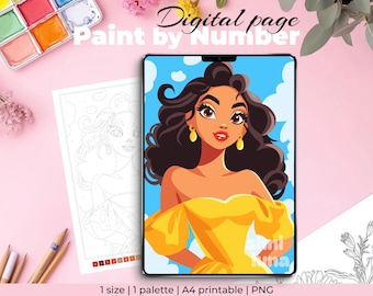 Página para colorear digital para adultos "Princesa de dibujos animados", Pintura por números imprimible, Hojas para colorear de arteterapia, Colorear con atención plena, Procreate