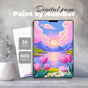 Op de afbeelding: Digitale schilderen-op-nummer landschapsscène op een tablet. De afbeelding toont een zonsondergang boven een meer met roze wolken, bergen en tulpen. Een papier met 30 kleuren en 600 objecten staat naast de tablet.