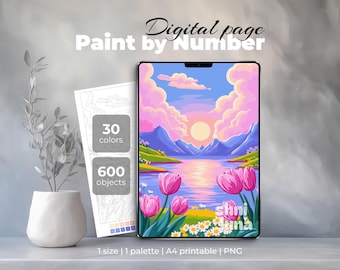 Spring Tulips Paint by Number | Floral Landscape Digital Coloring Page | Printable Nature Art