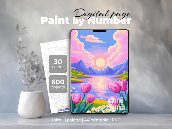 Spring Tulips Paint by Number | Floral Landscape Digital Coloring Page | Printable Nature Art