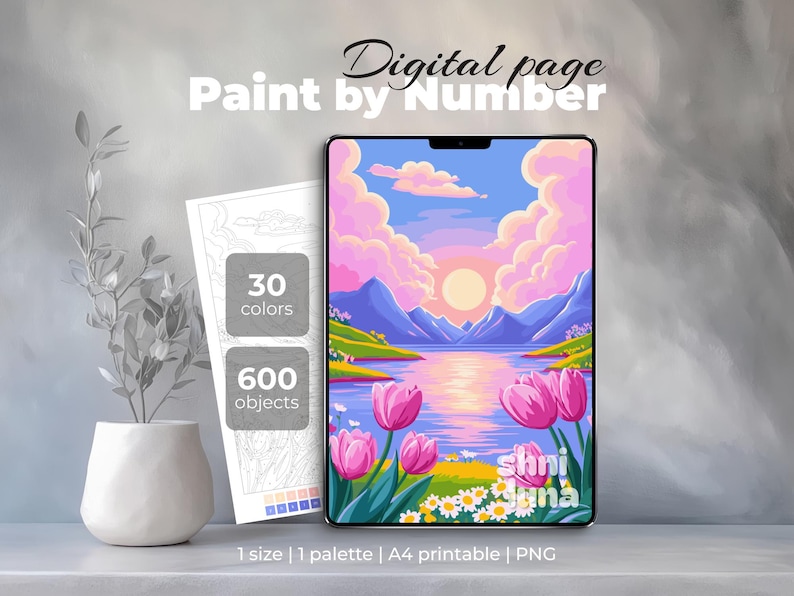 May include: Digital paint-by-number scene on a tablet. The image shows a sunset over a lake with pink clouds, mountains, and tulips. A paper with 30 colours and 600 objects is next to the tablet.