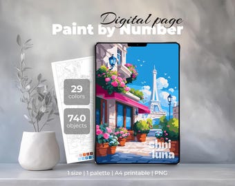 Paris Morning Street Paint by Number – Eiffel Tower Coloring Page for iPad & Procreate – Printable Travel Art