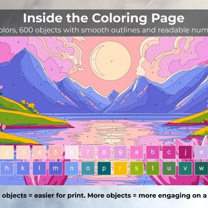 May include: A paint-by-numbers landscape featuring mountains, water, and a sunset, with the text "Inside the Coloring Page". It details 30 colours and 600 objects. The bottom text reads "Fewer objects = easier for print. More objects = more engaging on a tablet."