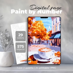 Autumn Coffee Paint by Number | Digital Coloring Page | Cozy Fall City Street Printable Art | Color by Number PNG | Detailed Sheet Procreate