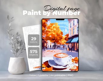 Autumn Coffee Paint by Number | Digital Coloring Page | Cozy Fall City Street Printable Art | Color by Number PNG | Detailed Sheet Procreate