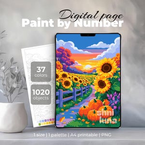 Sunflower Field Paint by Number – Pumpkin & Sunflower Fall Digital Coloring Page – Printable Autumn Landscape