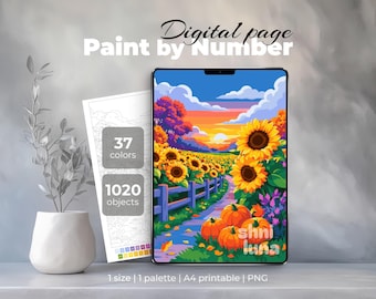 Könnte beinhalten: Eine digitale Malen-nach-Zahlen-Seite mit einem lebendigen Sonnenblumenfeld, einem gewundenen Pfad und orangefarbenen Kürbissen. Das Bild enthält den Text Digital page Paint by Number, 37 colors, 1020 objects, shni luna, 1 size, 1 palette, A4 printable, PNG.