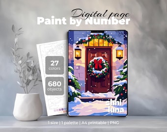Christmas Door Paint by Number | Digital Holiday Scene for Adults | Procreate Coloring & Printable Page