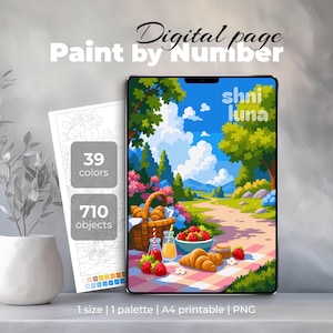 May include: Digital paint-by-number digital page with a picnic scene on a tablet. The image includes a basket of croissants, strawberries, and juice. The page has 39 colors and 710 objects. The text "shni luna" is visible.