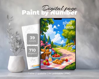 Picnic Morning Paint by Number – Cozy Summer Landscape Printable Art  – Digital Coloring Page for iPad & Procreate